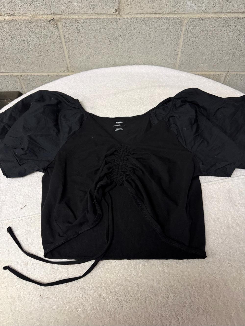 Maeve by anthopologie Black Puff Sleeve Ruched Front Crop Top size XL